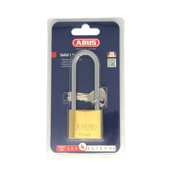 ABUS Solid 55/40 – Robustes Vorhangschloss aus Messing mit gehärtetem Stahlbügel und Präzisionszylinder, ideal für mittlere Sicherheitsbedürfnisse.